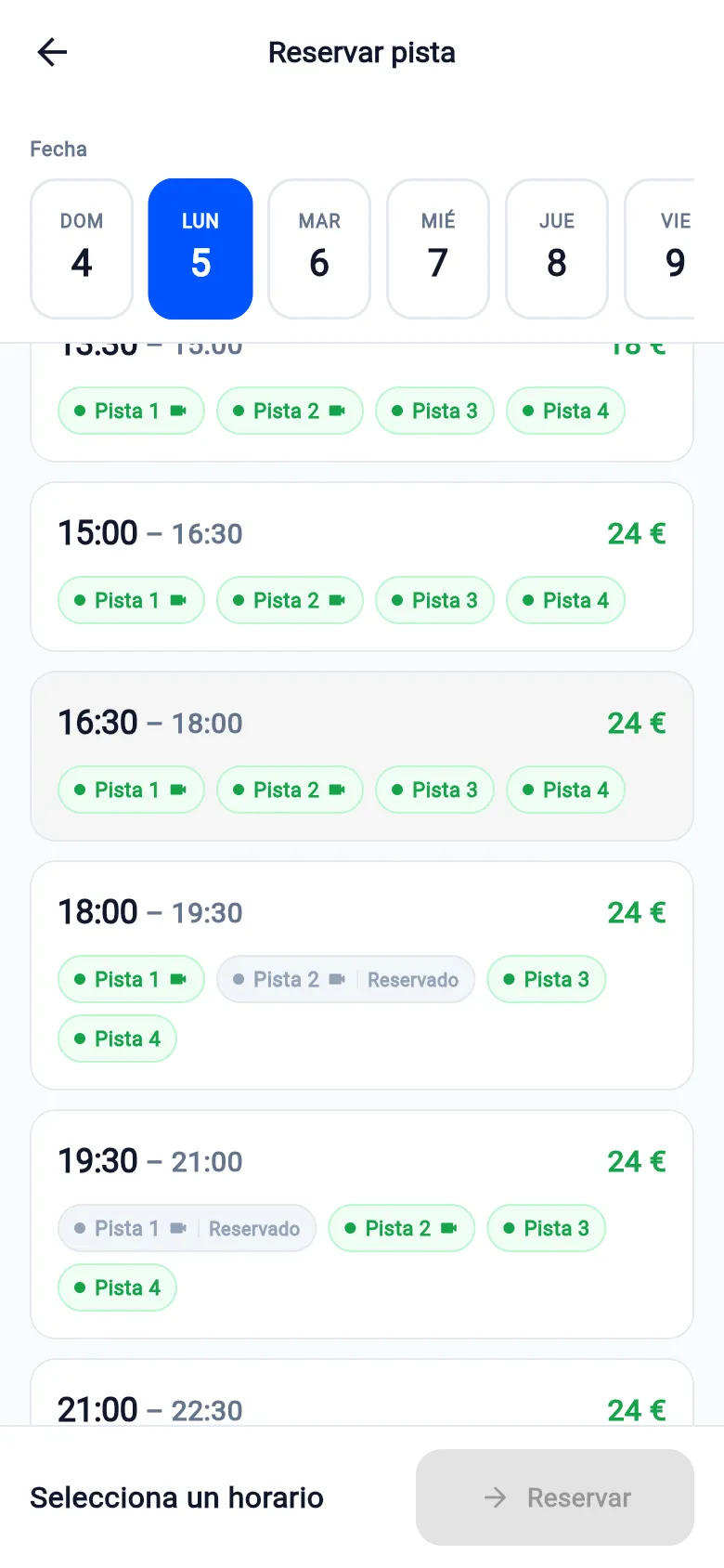 Reservar pista en la app: días, horas y pistas libres con su precio