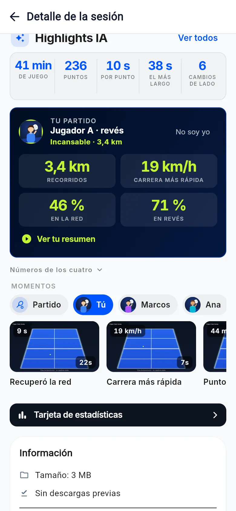 El análisis con IA de un partido en la app: distancia recorrida, puntos y mapa de la pista